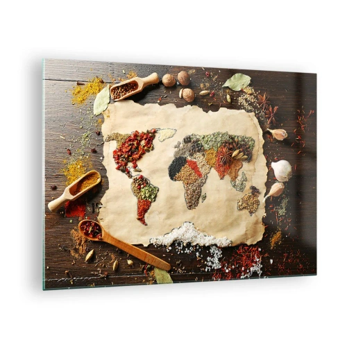 Tablou pe sticlă - O hartă a lumii realizată din diverse condimente pe un fundal rustic. - 70x50cm - Toate gusturile lumii - Decorațiune modernă pentru perete pentru living și dormitor ARTTOR