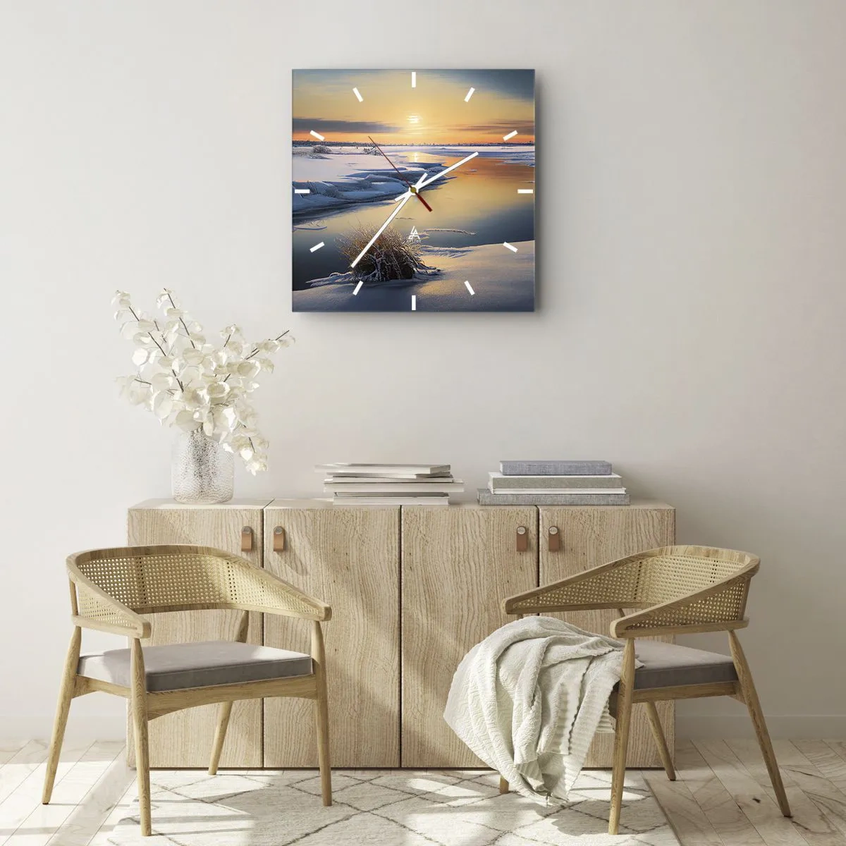 Ceas de perete - Ceas pe sticlă - Apus de soare pe timp de iarnă - 30x30 cm