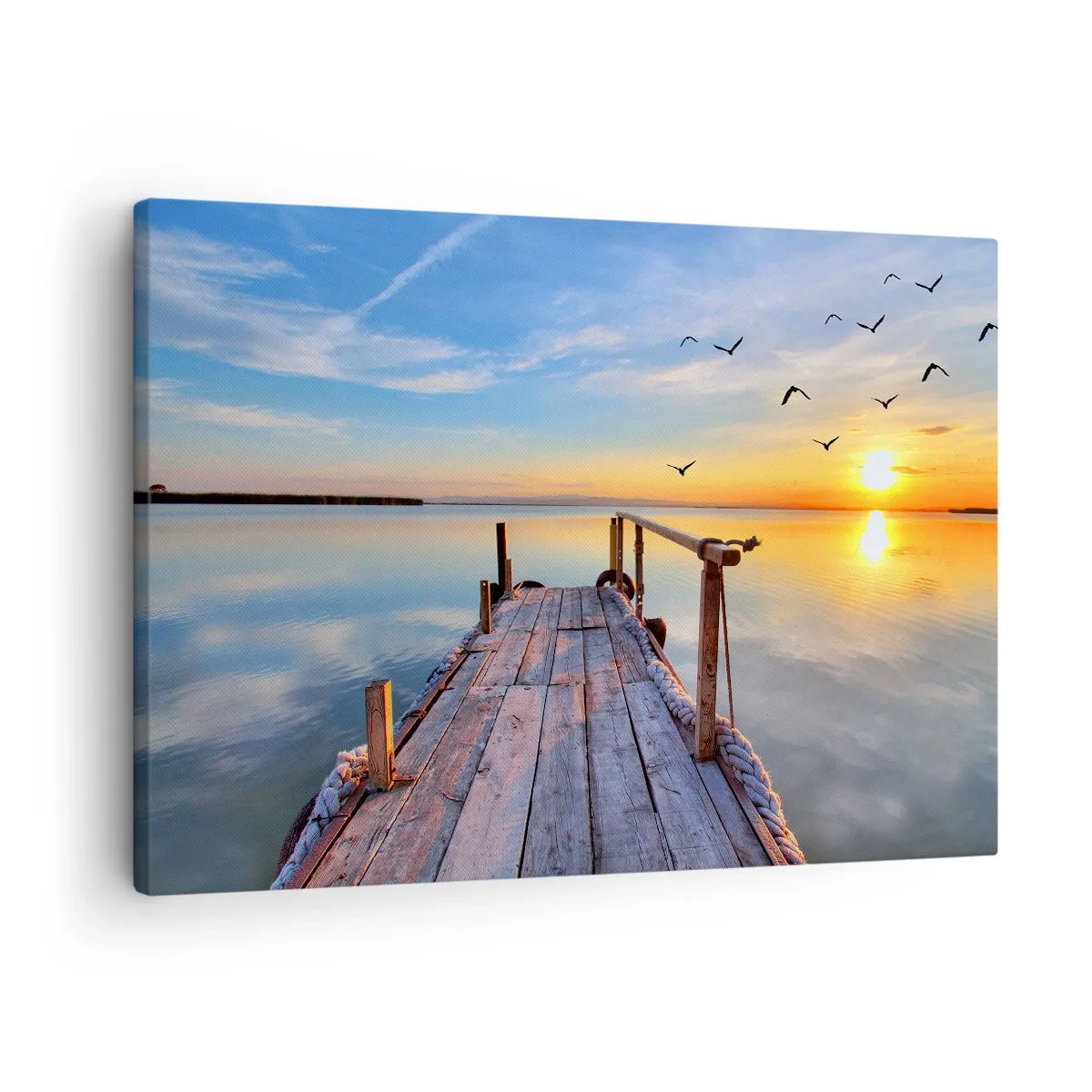 Tablou pe pânză Canvas - Dig de lemn la apus pe un lac liniștit - 70x50cm - Mergând înainte spre soare - Decorațiune modernă pentru perete pentru living și dormitor ARTTOR