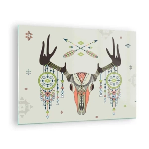 Tablou pe sticlă - Coarne simbolice și modele native americane pe un fundal deschis - 70x50cm - Trofeul vânătorului indian - Decorațiune modernă pentru perete pentru living și dormitor ARTTOR