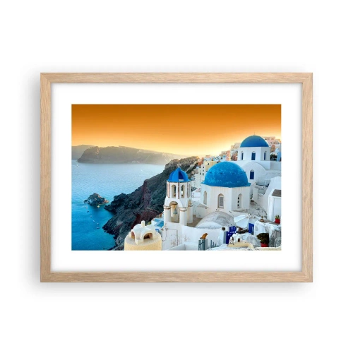 Poster în ramă de stejar deschis - Santorini - îmbrățișat de stânci - 40x30 cm
