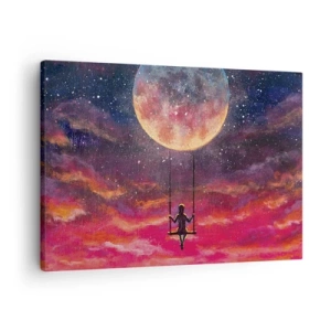 Tablou pe pânză Canvas - O figură pe un leagăn suspendată pe lună - 70x50cm - Cu capul în nori - Decorațiune modernă pentru perete pentru living și dormitor ARTTOR
