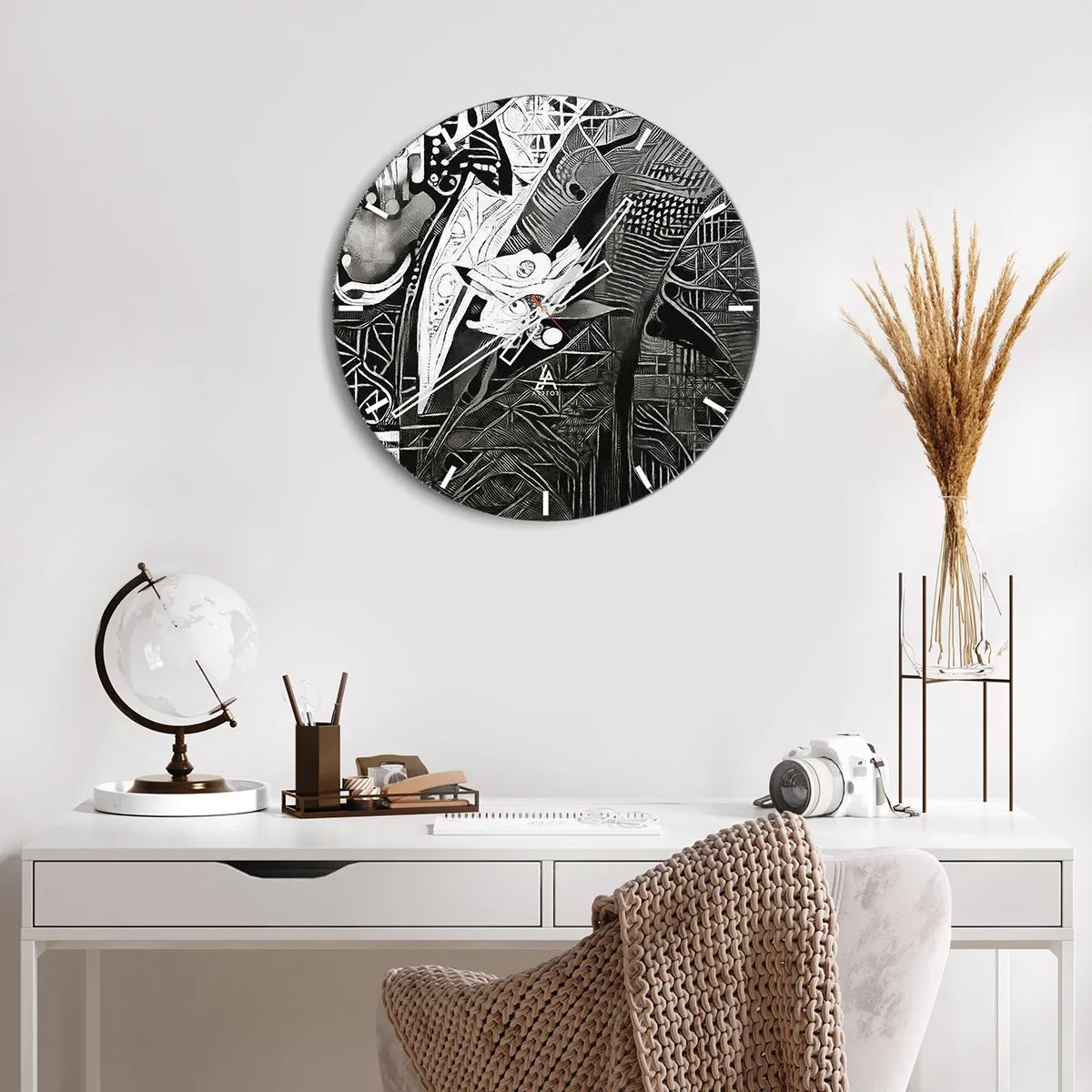 Ceas de perete - Ceas pe sticlă - Abstracție alb-negru cu modele geometrice complexe - 30x30cm - Doar un om aparent gri - Decorațiune modernă pentru perete pentru living, bucătărie și dormitor ARTTOR