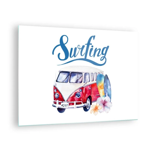 Tablou pe sticlă - Temă de surfing cu dubă și plăci - 70x50cm - Un clasic pentru surferi - Decorațiune modernă pentru perete pentru living și dormitor ARTTOR