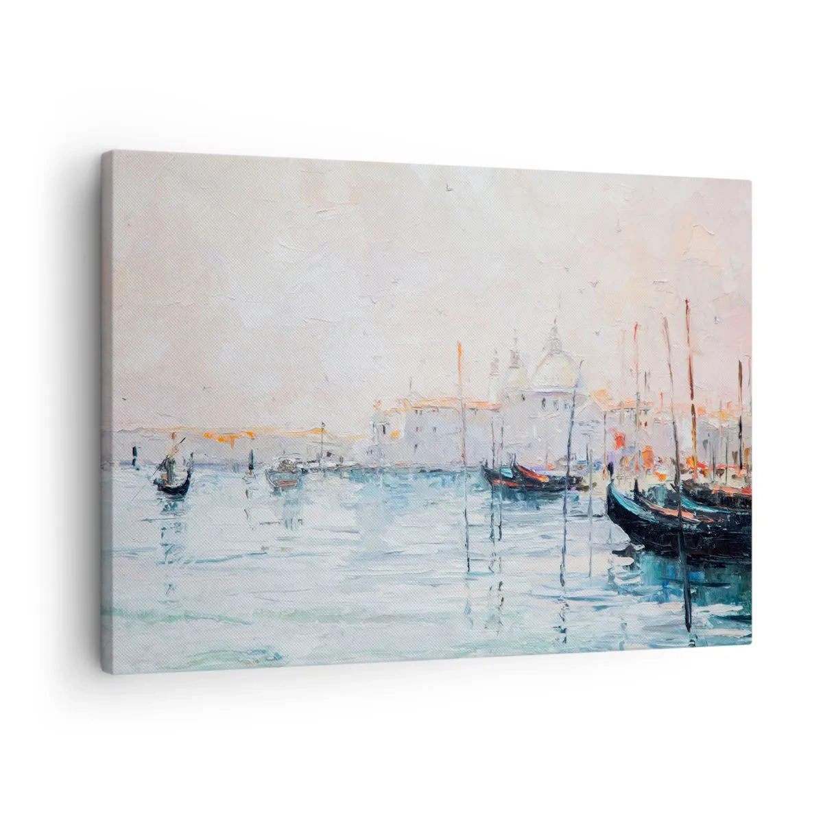 Tablou pe pânză Canvas - Vedere pitorească a canalelor cu bărci în culori pastelate - 70x50cm - În spatele apei, în spatele ceții - Decorațiune modernă pentru perete pentru living și dormitor ARTTOR