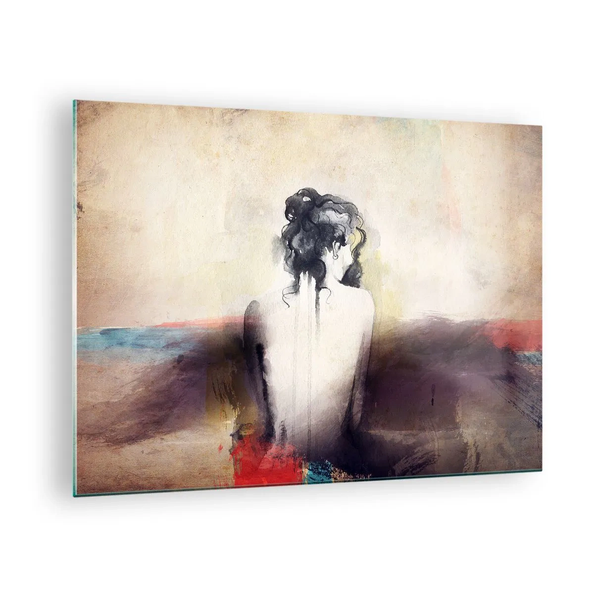 Tablou pe sticlă - Un portret subtil al unei femei pe un fundal de peisaj pastelat. - 70x50cm - Linii moi, forme ovale - Decorațiune modernă pentru perete pentru living și dormitor ARTTOR
