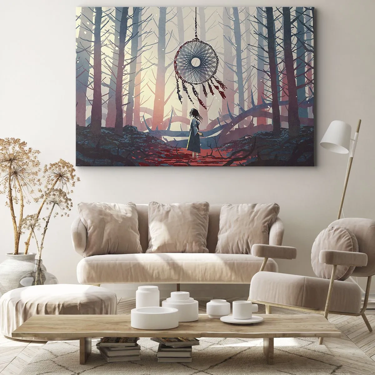 Tablou pe pânză Canvas - Scenă în pădure cu un prinzător de vise uriaș - 70x50cm - Ritualul secret al fericirii - Decorațiune modernă pentru perete pentru living și dormitor ARTTOR