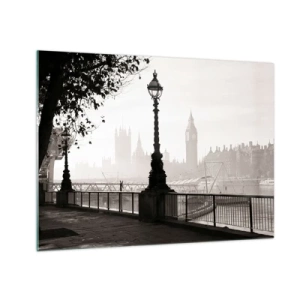 Tablou pe sticlă - Fotografie alb-negru a promenadei londoneze cu Big Ben - 70x50cm - Londra de dimineața - Decorațiune modernă pentru perete pentru living și dormitor ARTTOR