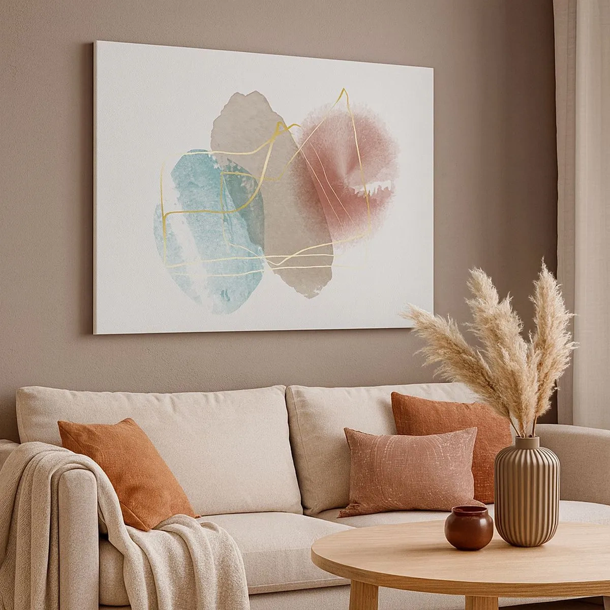 Tablou pe pânză Canvas - Forme abstracte cu culori delicate și linii aurii - 70x50cm - Mărgele de spațiu - Decorațiune modernă pentru perete pentru living și dormitor ARTTOR