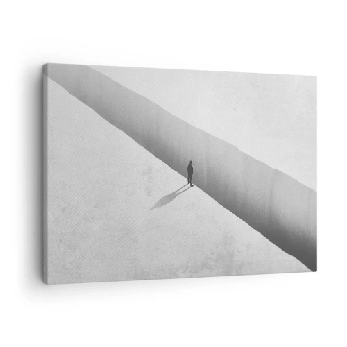 Tablou pe pânză Canvas - O figură solitară stă deasupra unei prăpastii adânci într-un decor monocromatic. - 70x50cm - Obiectiv clar - Decorațiune modernă pentru perete pentru living și dormitor ARTTOR