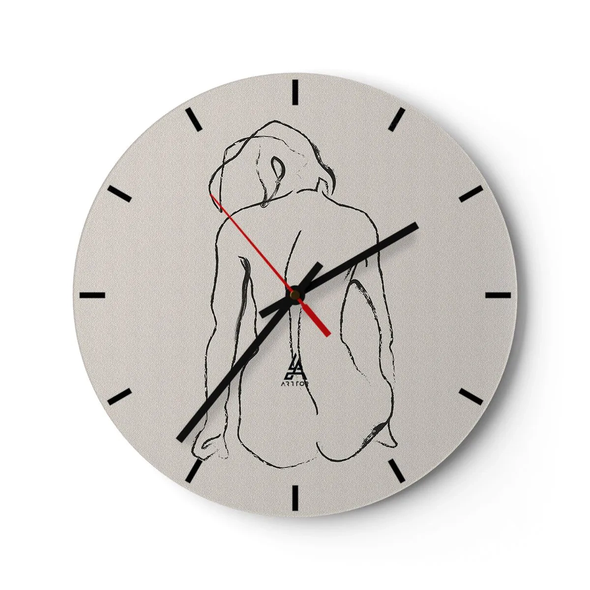 Ceas de perete - Ceas pe sticlă - O schiță subtilă a unei siluete feminine pe un fundal deschis - 30x30cm - Nud de fată - Decorațiune modernă pentru perete pentru living, bucătărie și dormitor ARTTOR