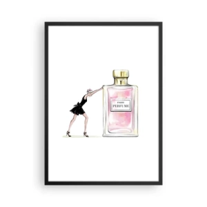 Poster în ramă neagră - Ilustrație a unei sticle de parfum cu silueta unei femei într-o rochie - 50x70cm - Esența feminității - Decorațiune modernă pentru perete pentru living și dormitor ARTTOR