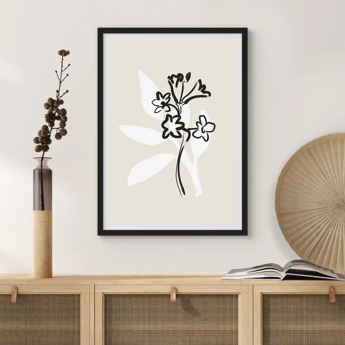 Poster în ramă neagră - Desen minimalist cu flori - 50x70cm - Schiță pentru ierbar - Decorațiune modernă pentru perete pentru living și dormitor ARTTOR