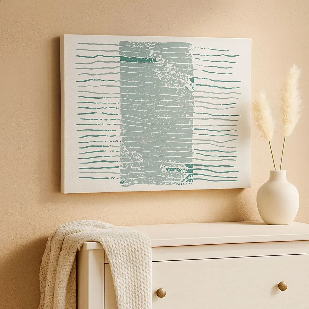 Tablou pe pânză Canvas - Model geometric în nuanțe de verde marin și alb - 70x50cm - Abstracție marină - Decorațiune modernă pentru perete pentru living și dormitor ARTTOR