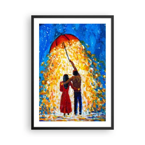 Poster în ramă neagră - Un cuplu romantic sub o umbrelă plină de lumină - 50x70cm - Magia unei seri ploioase? - Decorațiune modernă pentru perete pentru living și dormitor ARTTOR