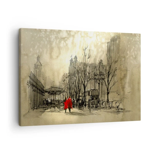 Tablou pe pânză Canvas - O figură roșie într-un decor urban nostalgic - 70x50cm - O întâlnire în ceața londoneză - Decorațiune modernă pentru perete pentru living și dormitor ARTTOR