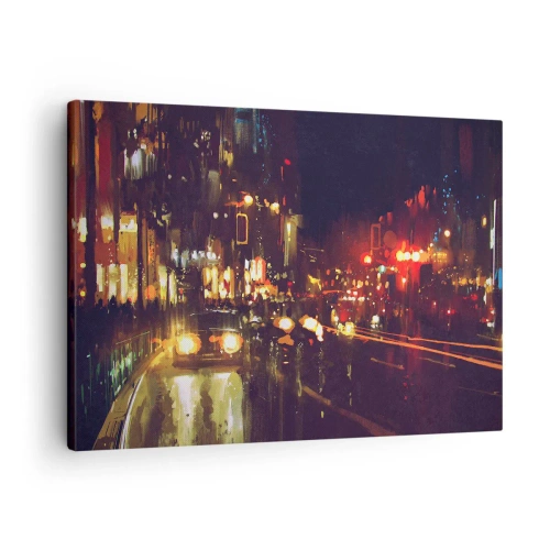 Tablou pe pânză Canvas - Scenă de oraș nocturn cu lumini colorate și reflexii stradale - 70x50cm - Scufundat în lumina nopții - Decorațiune modernă pentru perete pentru living și dormitor ARTTOR