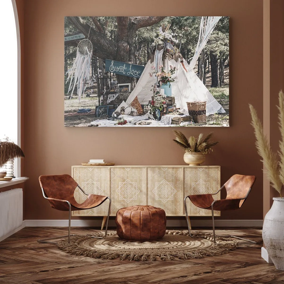 Tablou pe pânză Canvas - Decor boho cu un tipi în pădure - 70x50cm - Make love… - Decorațiune modernă pentru perete pentru living și dormitor ARTTOR