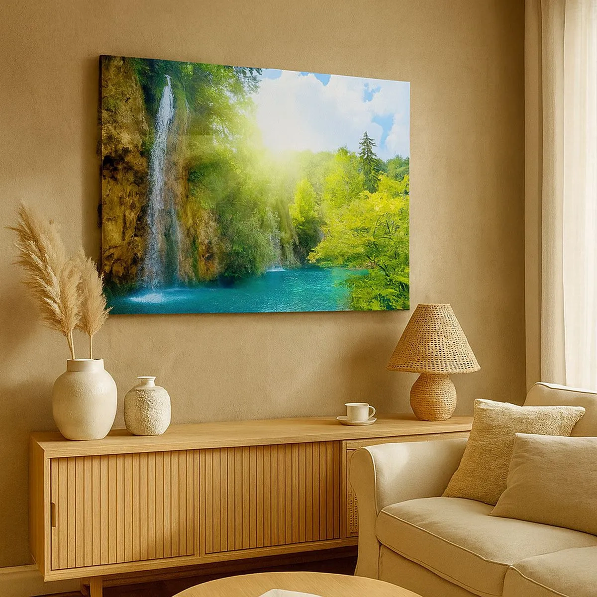 Tablou pe pânză Canvas - O cascadă care curge într-un lac turcoaz înconjurat de verdeață - 70x50cm - Trebuie să fie Edenul - Decorațiune modernă pentru perete pentru living și dormitor ARTTOR