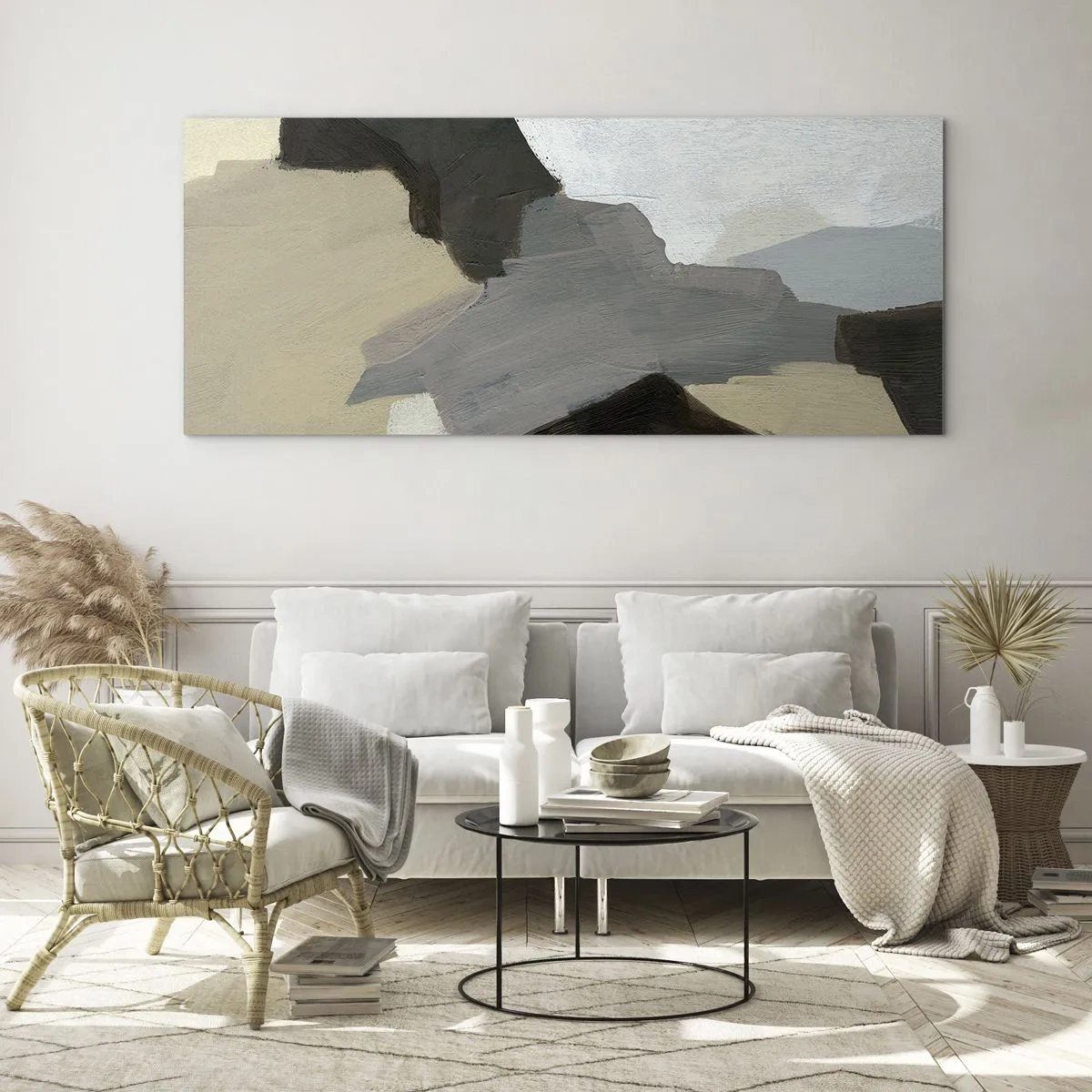 Tablou pe sticlă - Abstracție: despărțirile griului - 100x40 cm