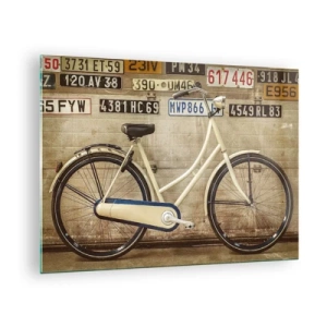 Tablou pe sticlă - O bicicletă veche lângă un perete cu plăcuțe de înmatriculare - 70x50cm - Fără complexe - Decorațiune modernă pentru perete pentru living și dormitor ARTTOR