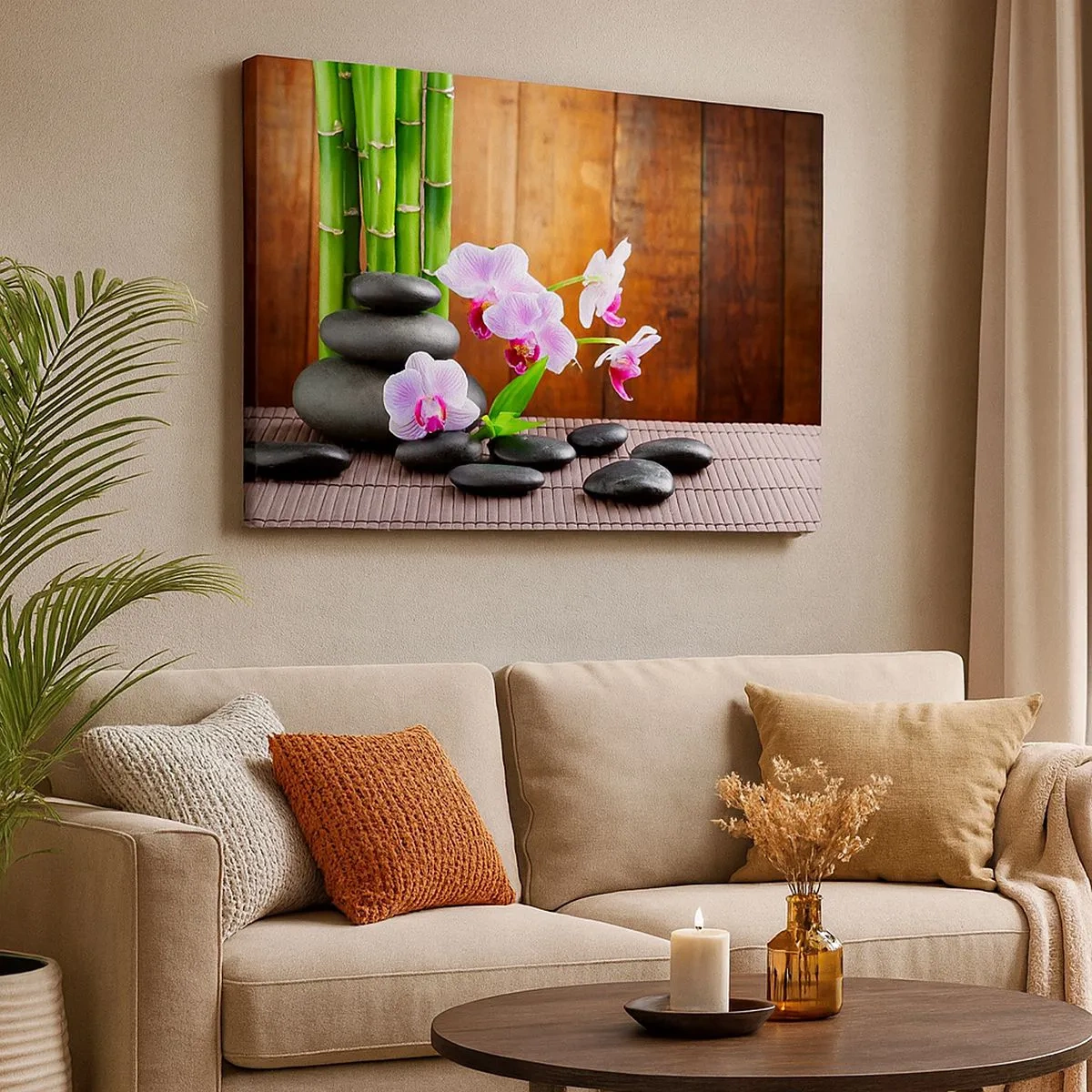 Tablou pe pânză Canvas - Bambus în stil Zen, pietre și orhidee roz pe un fundal de lemn - 70x50cm - Experimentați deliciile Orientului - Decorațiune modernă pentru perete pentru living și dormitor ARTTOR