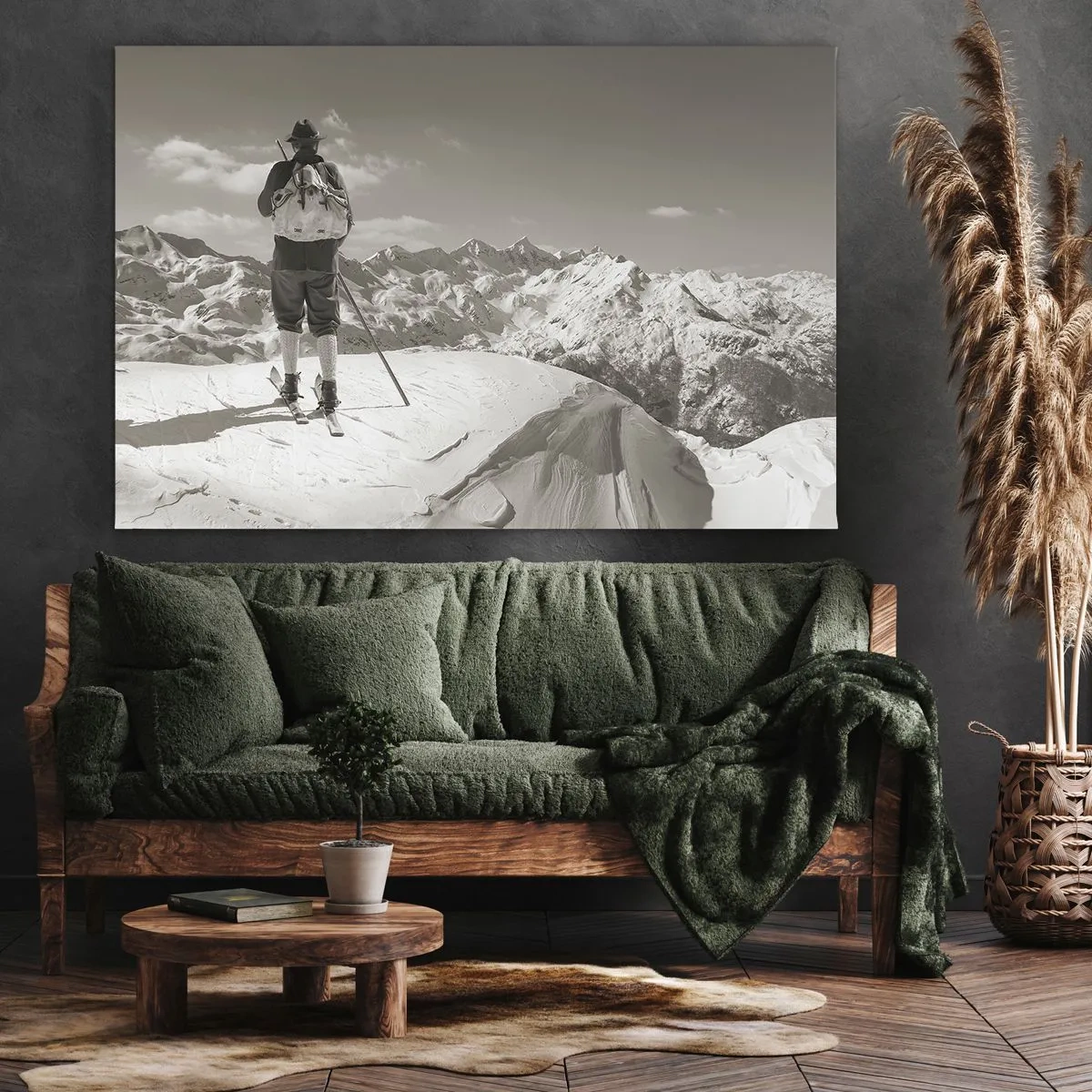 Tablou pe pânză Canvas - Un schior pe vârful unui munte, în alb și negru - 70x50cm - Și munții sunt la fel - Decorațiune modernă pentru perete pentru living și dormitor ARTTOR
