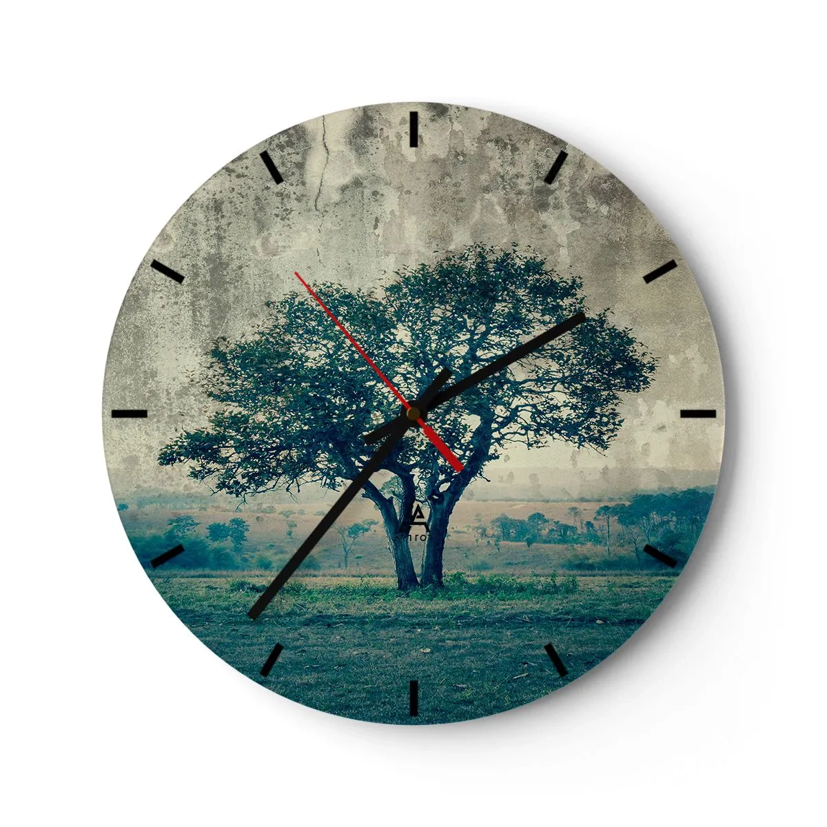 Ceas de perete - Ceas pe sticlă - Un copac singuratic pe fundalul unui peisaj albastru - 30x30cm - Un măr pe o pajiște albastră? - Decorațiune modernă pentru perete pentru living, bucătărie și dormitor ARTTOR