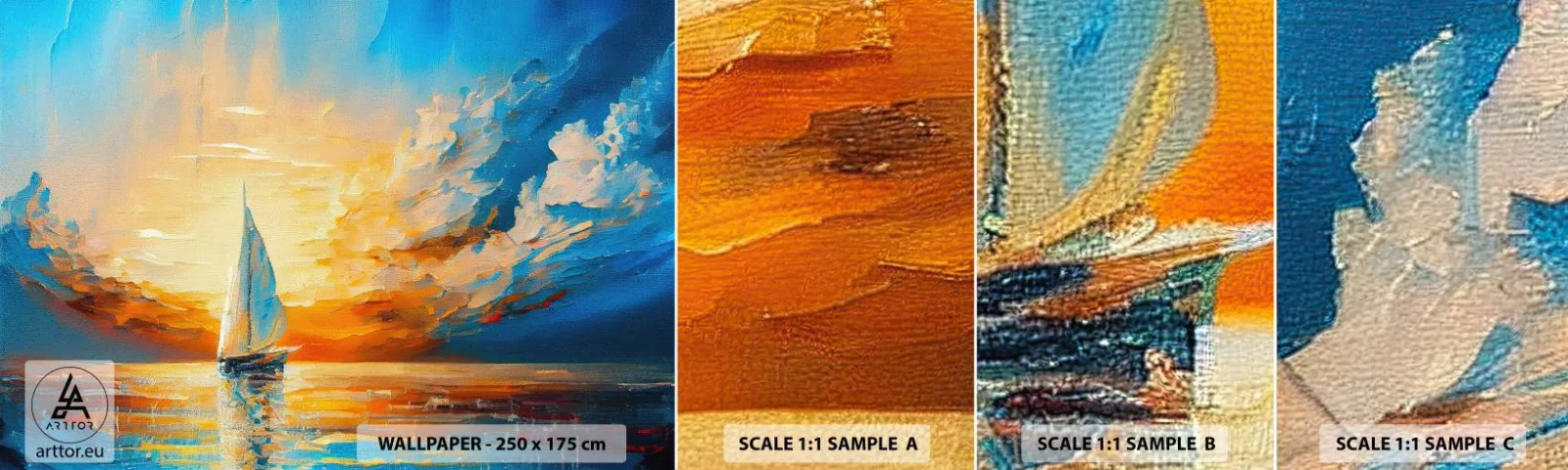 Mostră de Tapet Standard Eco - Navigare prin aur - Peisaj, Nautic, Barcă cu pânze - 100x30 cm