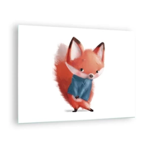 Tablou pe sticlă - O vulpe drăguță într-un pulover albastru pe fundal alb - 70x50cm - Îmi vine bine? - Decorațiune modernă pentru perete pentru living și dormitor ARTTOR
