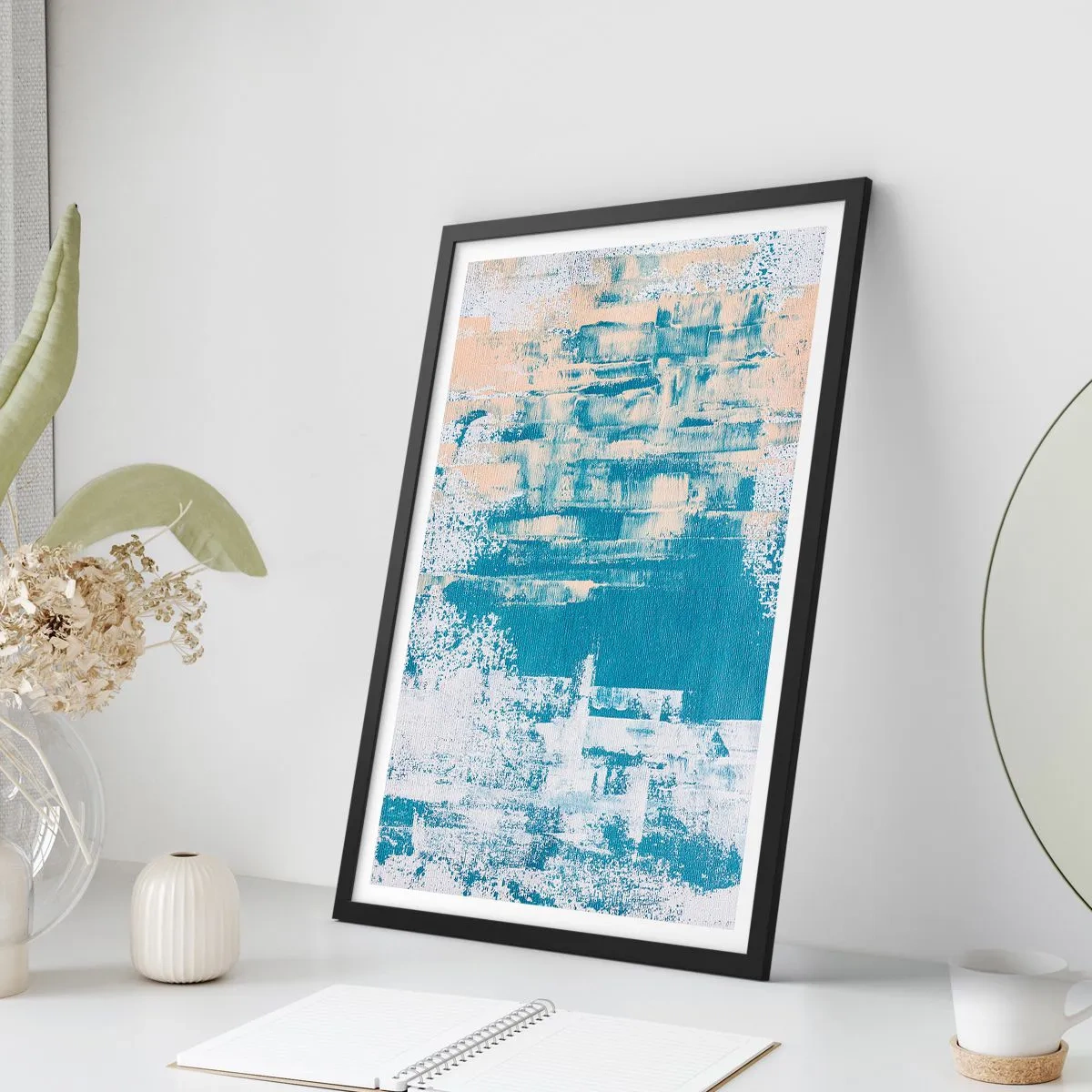 Poster în ramă neagră - Textură abstractă în nuanțe de albastru și bej - 50x70cm - Prin ţurţur de gheață - Decorațiune modernă pentru perete pentru living și dormitor ARTTOR