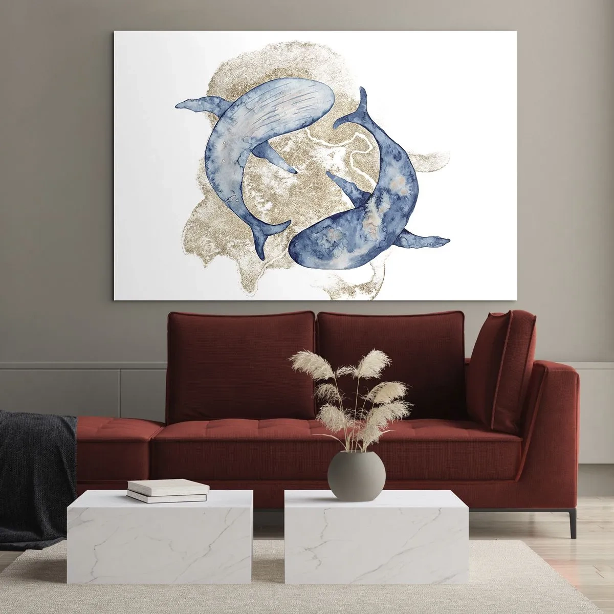 Tablou pe sticlă - Două balene albastre pe un fundal de pete aurii abstracte - 70x50cm - Prietenie sau iubire? - Decorațiune modernă pentru perete pentru living și dormitor ARTTOR