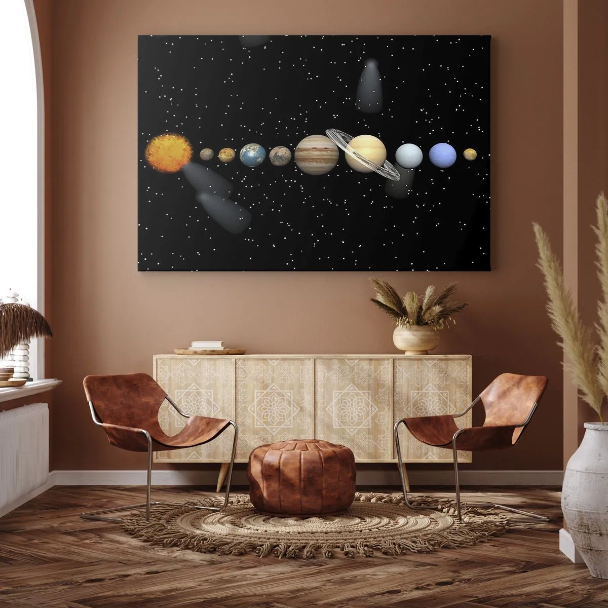 Tablou pe pânză Canvas - Sistemul solar cu planete pe fundalul stelelor în spațiu - 70x50cm - Și planetele o iau razna, o iau razna... - Decorațiune modernă pentru perete pentru living și dormitor ARTTOR