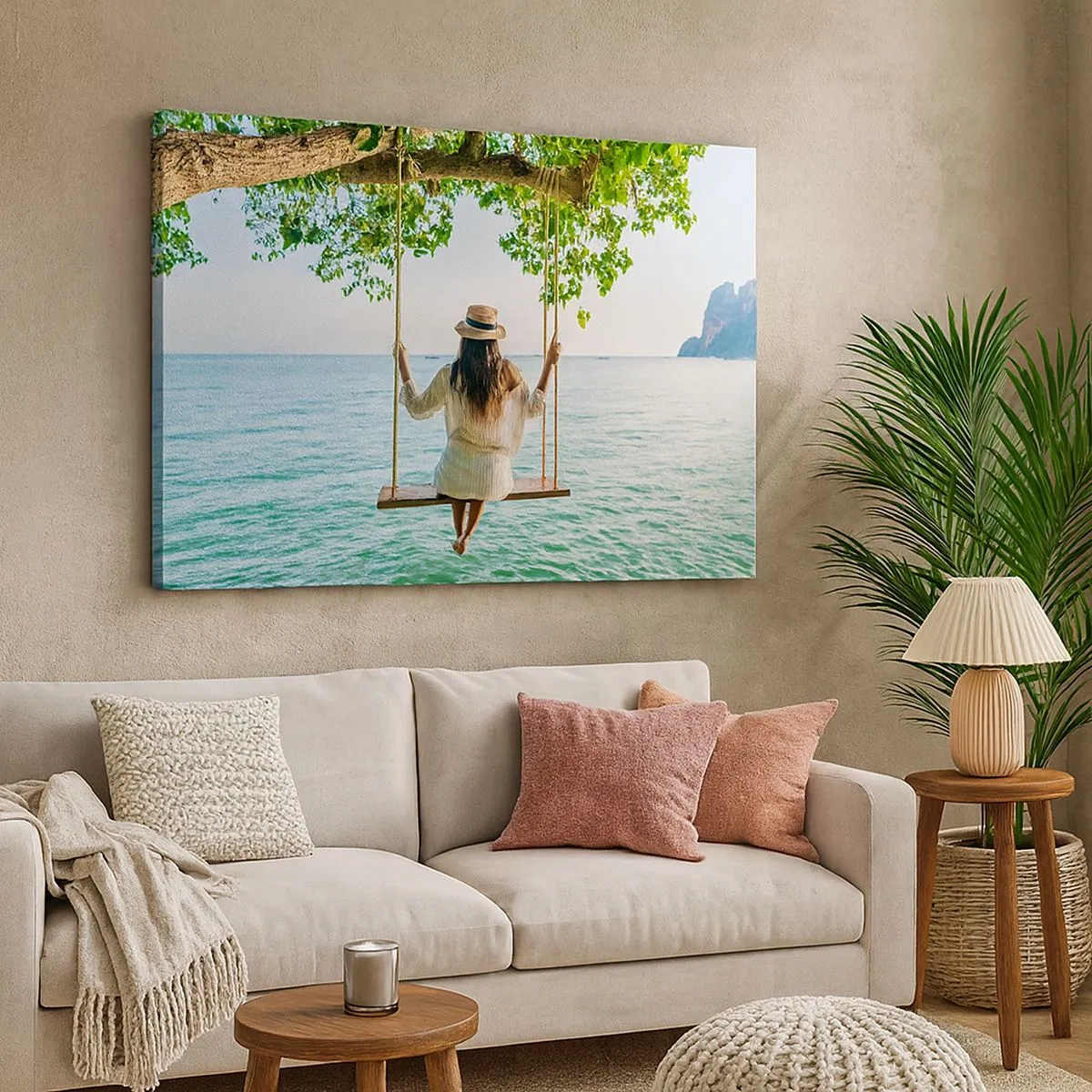 Tablou pe pânză Canvas - Femeie pe un leagăn lângă mare într-un peisaj tropical - 70x50cm - Viața este frumoasă - Decorațiune modernă pentru perete pentru living și dormitor ARTTOR
