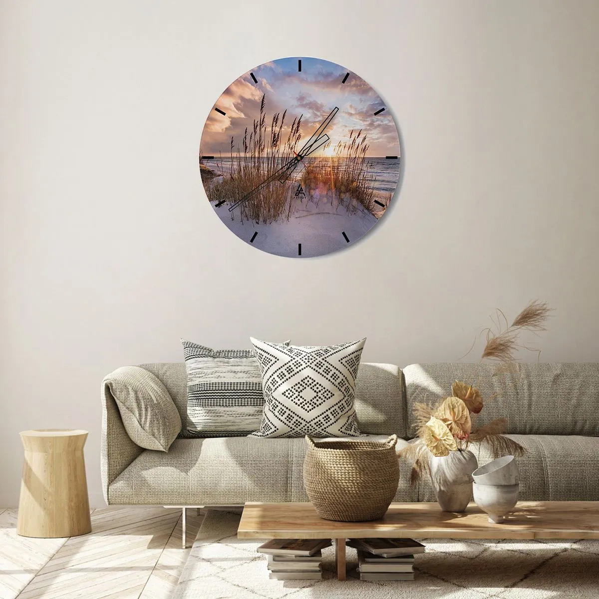 Ceas de perete - Ceas pe sticlă - Apus de soare peste mare cu nisip și iarbă pe dune - 30x30cm - Adio soare și vânt - Decorațiune modernă pentru perete pentru living, bucătărie și dormitor ARTTOR