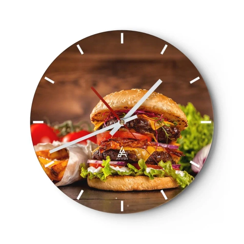 Ceas de perete - Ceas pe sticlă - Burger suculent cu toppinguri pe fundal de lemn - 30x30cm - Fruct interzis - Decorațiune modernă pentru perete pentru living, bucătărie și dormitor ARTTOR