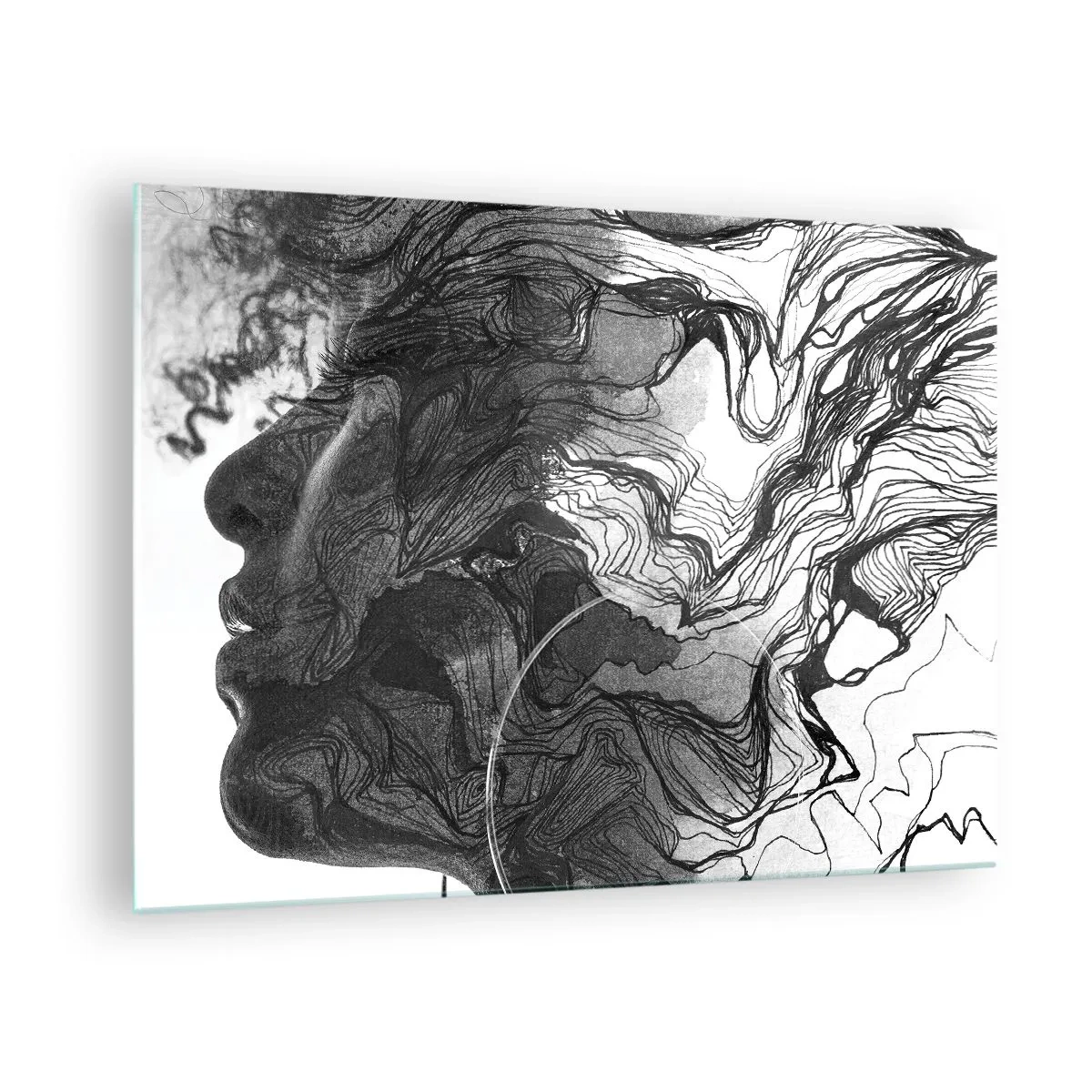 Tablou pe sticlă - Siluetă alb-negru a unei femei cu linii abstracte - 70x50cm - Încurcată în vise - Decorațiune modernă pentru perete pentru living și dormitor ARTTOR