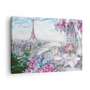 Tablou pe pânză Canvas - O priveliște romantică a Parisului cu Turnul Eiffel și un balcon plin de flori - 70x50cm - Este cel mai frumos aici în luna mai - Decorațiune modernă pentru perete pentru living și dormitor ARTTOR