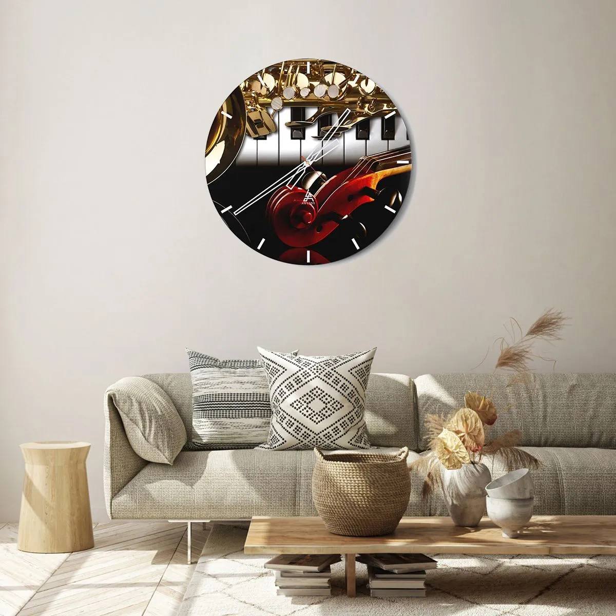 Ceas de perete - Ceas pe sticlă - O compoziție de instrumente muzicale pe fundalul unei claviaturi - 30x30cm - Tablă, lemn și fildeș - Decorațiune modernă pentru perete pentru living, bucătărie și dormitor ARTTOR