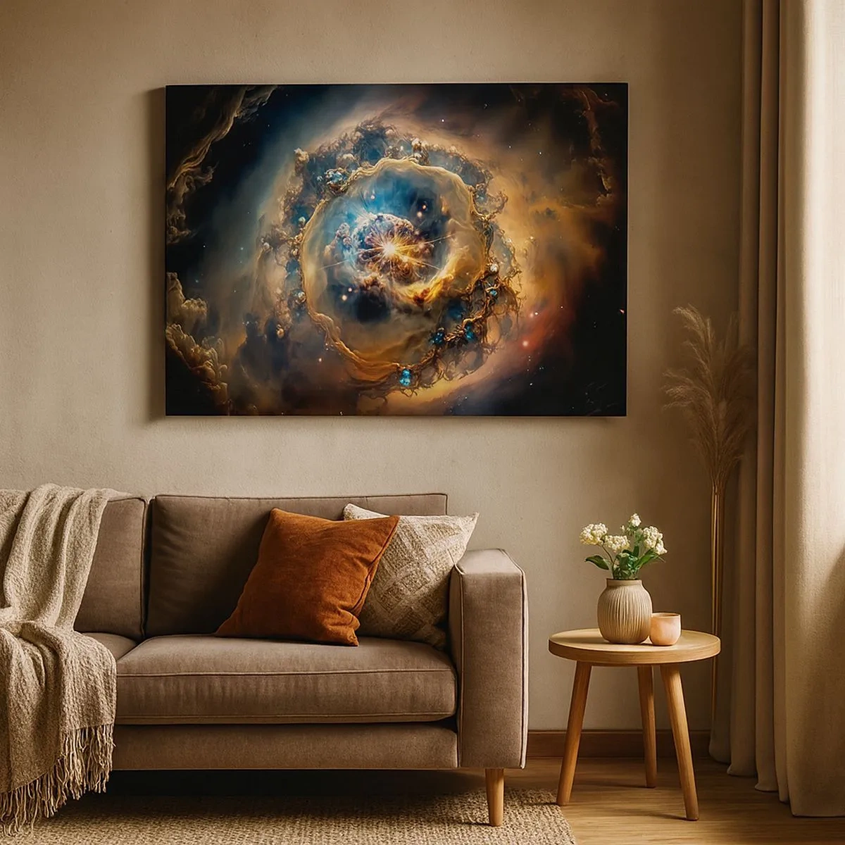 Tablou pe pânză Canvas - O viziune abstractă a unei explozii cosmice în nuanțe de auriu și albastru. - 70x50cm - Început - Decorațiune modernă pentru perete pentru living și dormitor ARTTOR