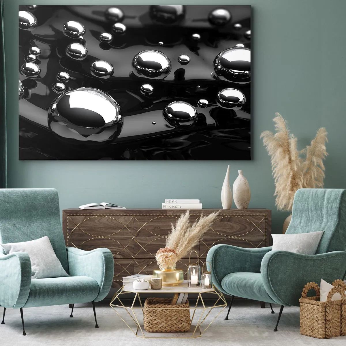 Tablou pe pânză Canvas - Picături abstracte pe o suprafață neagră - 70x50cm - Din adâncurile negre - Decorațiune modernă pentru perete pentru living și dormitor ARTTOR