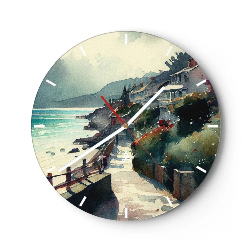 Ceas de perete - Ceas pe sticlă - O potecă de coastă care trece printre clădiri mediteraneene cu vedere la mare - 30x30cm - Orășel mediteraneean - Decorațiune modernă pentru perete pentru living, bucătărie și dormitor ARTTOR