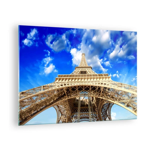 Tablou pe sticlă - Turnul Eiffel văzut de sus pe cer - 70x50cm - Atingând cerul și norii - Decorațiune modernă pentru perete pentru living și dormitor ARTTOR