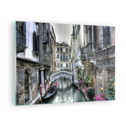 Tablou pe sticlă - Vedere romantică a unui canal venețian cu o gondolă - 70x50cm - Timp de secole în reverie tăcută - Decorațiune modernă pentru perete pentru living și dormitor ARTTOR