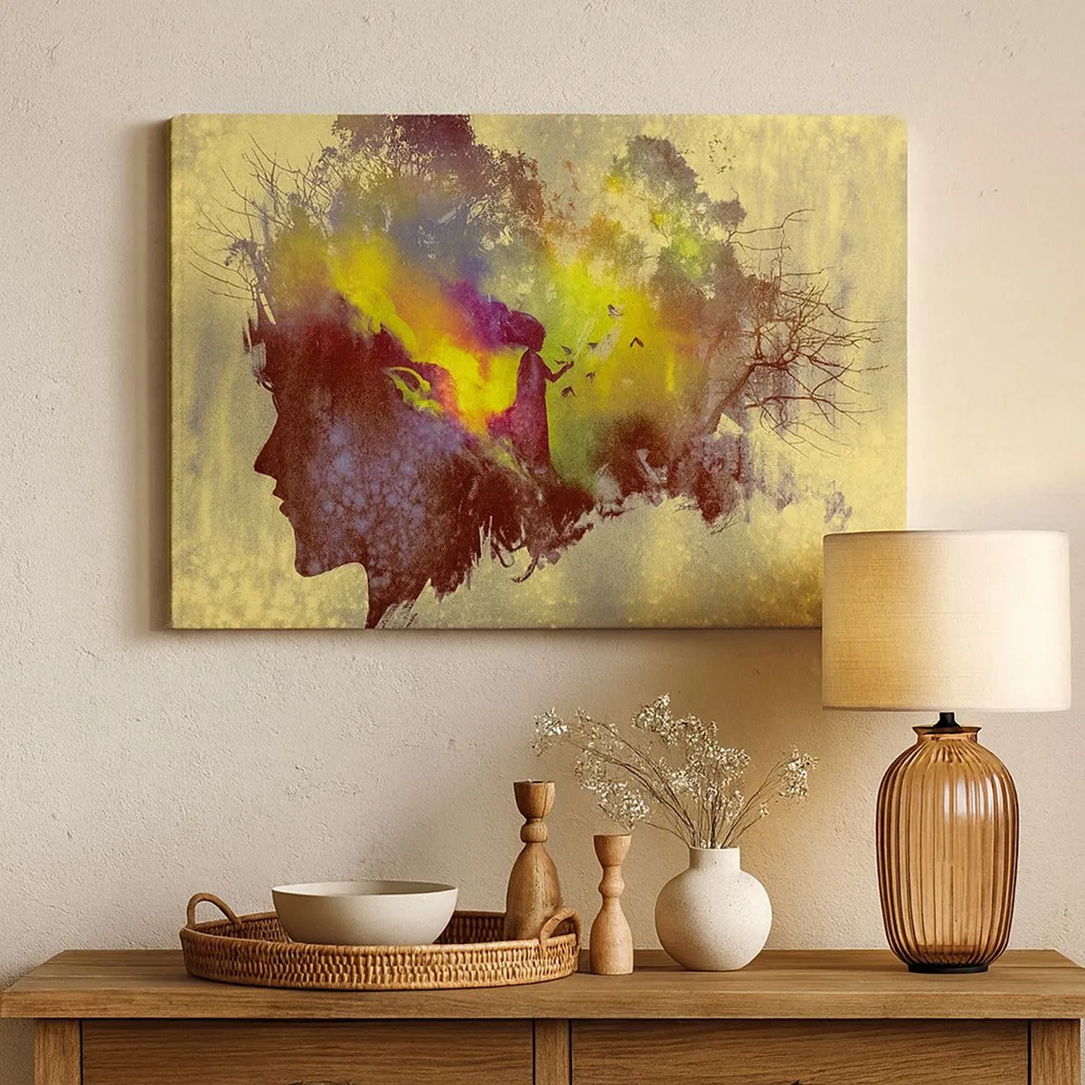 Tablou pe pânză Canvas - Siluetă artistică a unei femei cu natura în fundal - 70x50cm - Mama Natură - Decorațiune modernă pentru perete pentru living și dormitor ARTTOR