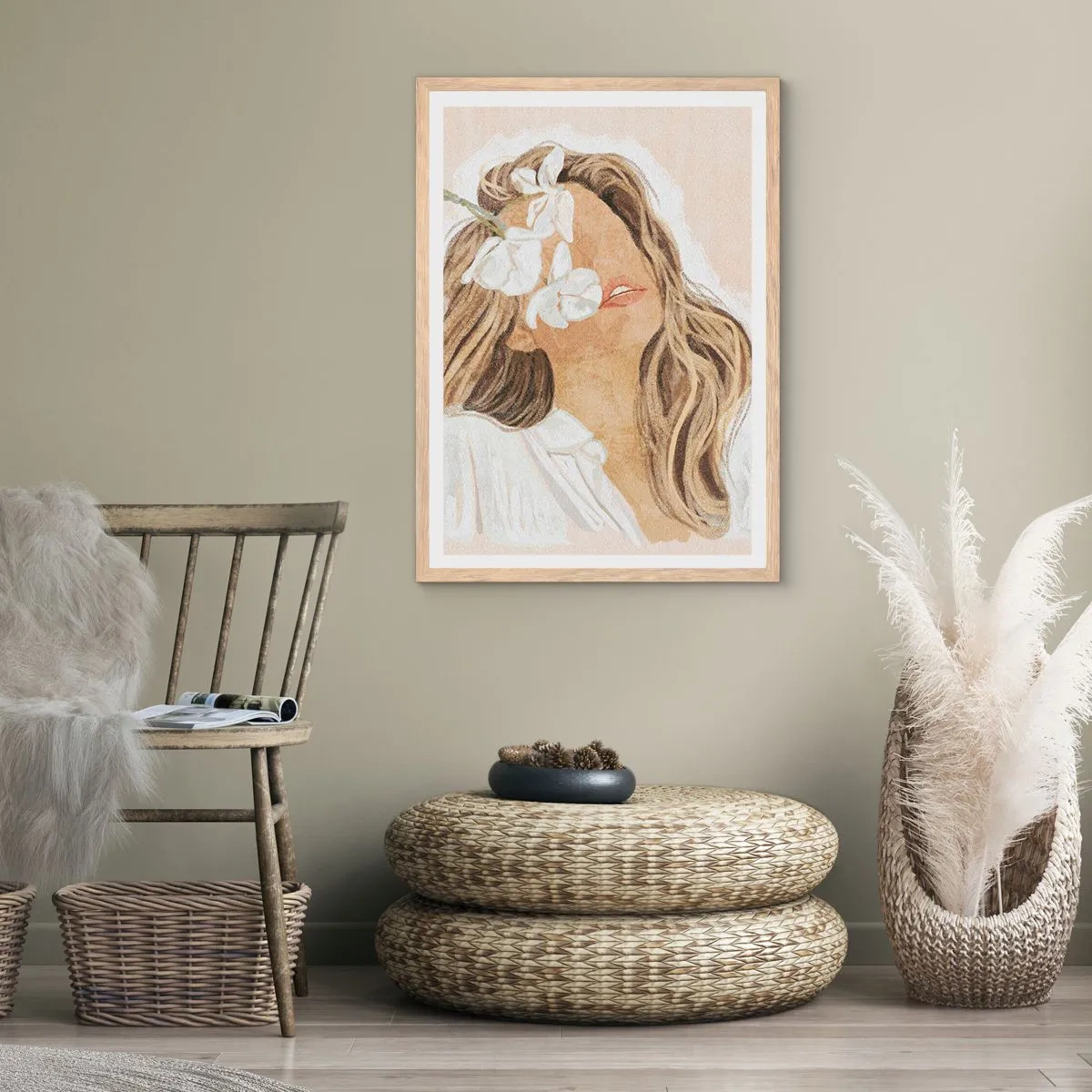 Poster în ramă de stejar deschis - Printre flori în exaltare - 70x100 cm