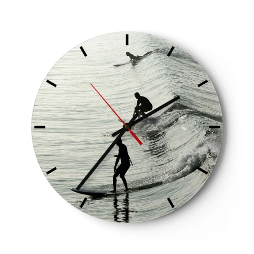 Ceas de perete - Ceas pe sticlă - Surferi prinzând valurile dimineții pe o mare calmă - 30x30cm - Pentru a întâmpina valul - Decorațiune modernă pentru perete pentru living, bucătărie și dormitor ARTTOR