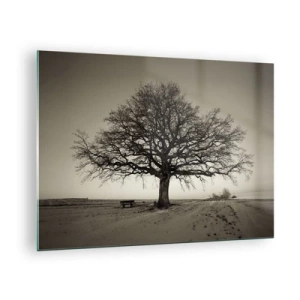 Tablou pe sticlă - Un copac singuratic într-un peisaj monocromatic - 70x50cm - De aici până în veșnicie - Decorațiune modernă pentru perete pentru living și dormitor ARTTOR