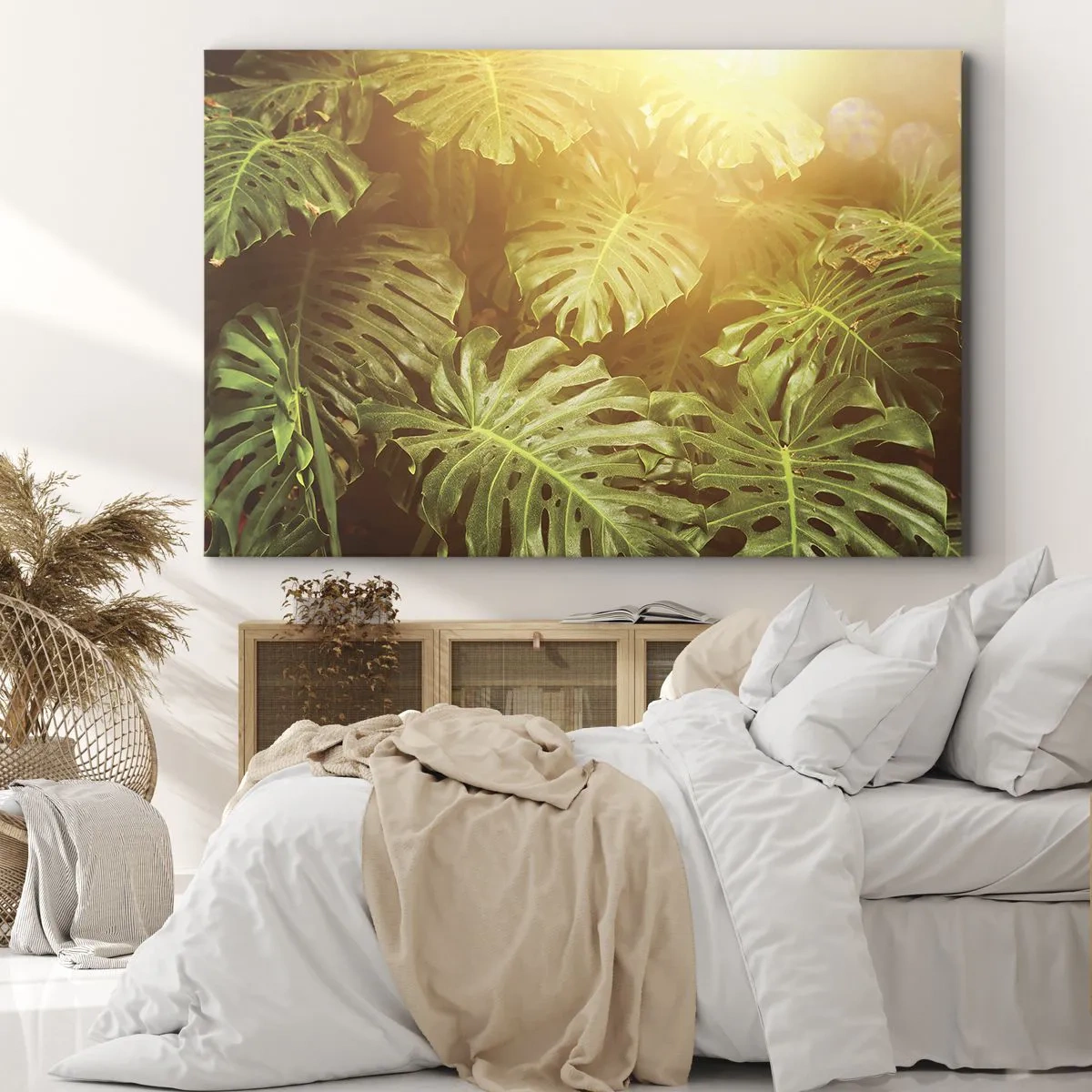 Tablou pe pânză Canvas - Frunze de Monstera în lumina soarelui pe un fundal natural - 70x50cm - Poftiți în verde - Decorațiune modernă pentru perete pentru living și dormitor ARTTOR