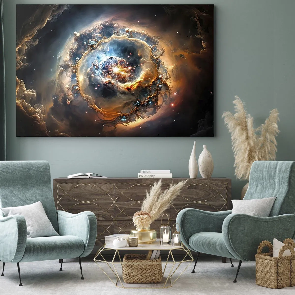 Tablou pe pânză Canvas - O viziune abstractă a unei explozii cosmice în nuanțe de auriu și albastru. - 70x50cm - Început - Decorațiune modernă pentru perete pentru living și dormitor ARTTOR